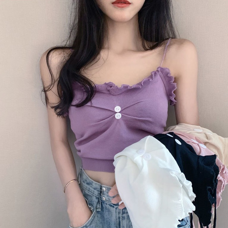 Youyo Áo Croptop Dệt Kim Sát Nách Màu Trơn Dáng Ôm Cài Nút Nhiều Màu Cho Nữ