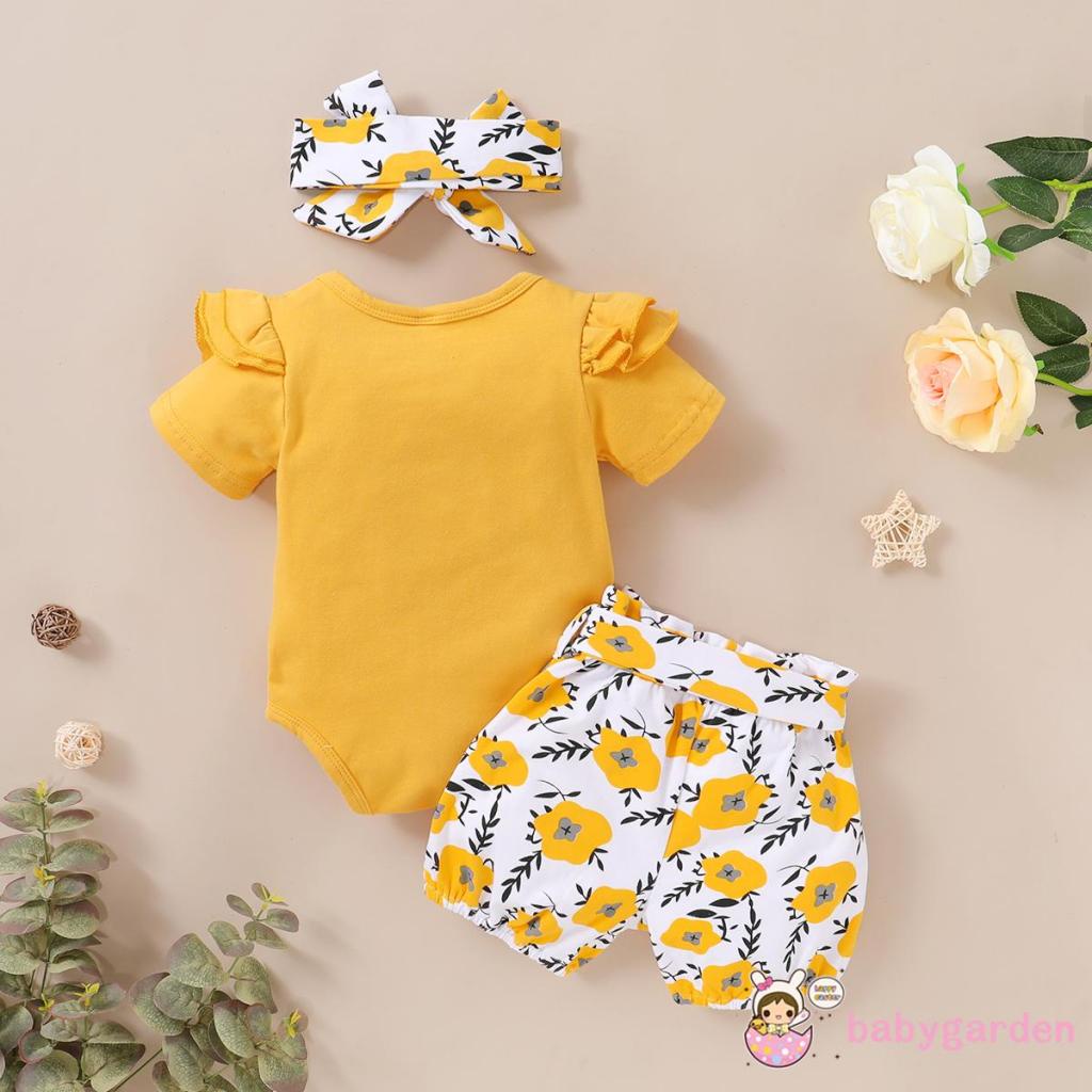 Bộ Áo Liền Quần Ngắn Tay In Chữ + Quần Short In Hoa + Băng Đô Cài Tóc Thời Trang Mùa Hè Cho Bé Gái 0-18 Tháng Tuổi