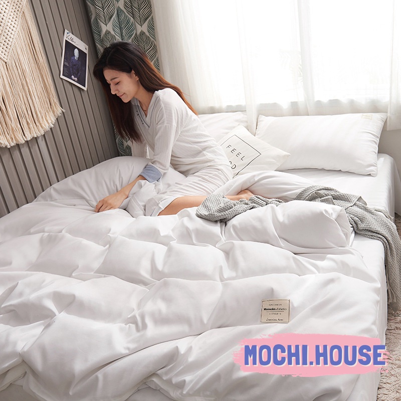 BỘ CHĂN GA GỐI COTTON HÀN QUỐC TICI VẢI MỊN MÁT MÀU TRẮNG TINH