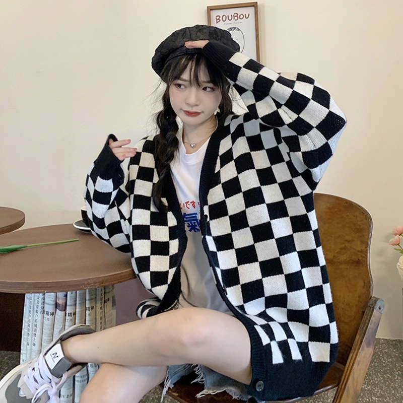 Áo Cardigan Dệt Kim Họa Tiết Caro Thời Trang Becky