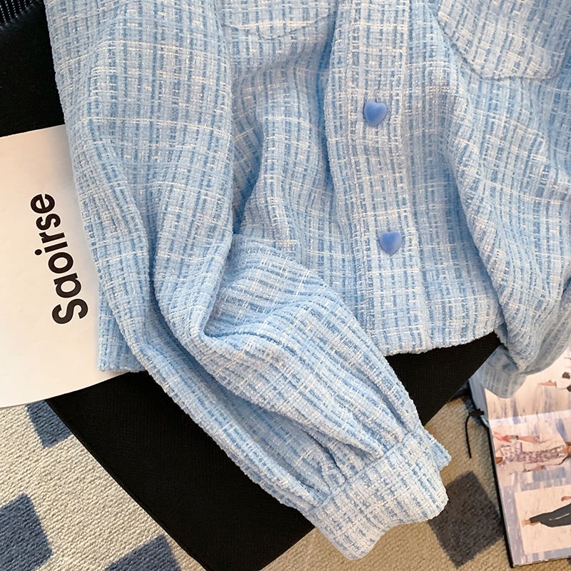 Áo Sơ Mi Ngắn Cổ Bẻ Cài Nút Hình Trái Tim Phong Cách Mới Thời Trang Xuân Thu Cho Nữ