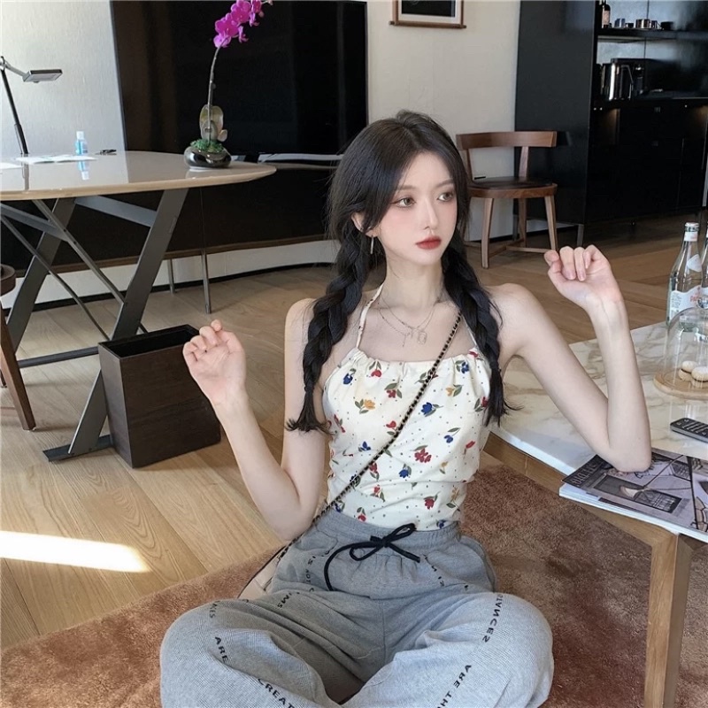 Áo Croptop cổ yếm cột dây hở lưng hai lớp sexy phong cách Hàn Quốc