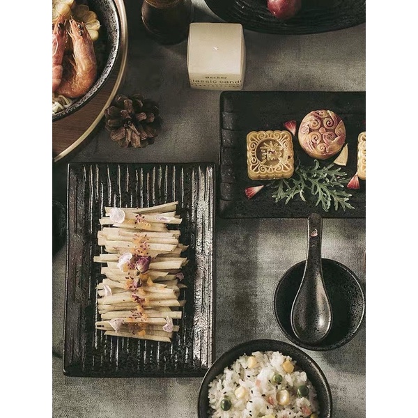 Bộ bát đĩa gốm đen nhám Nhật Bản cao cấp