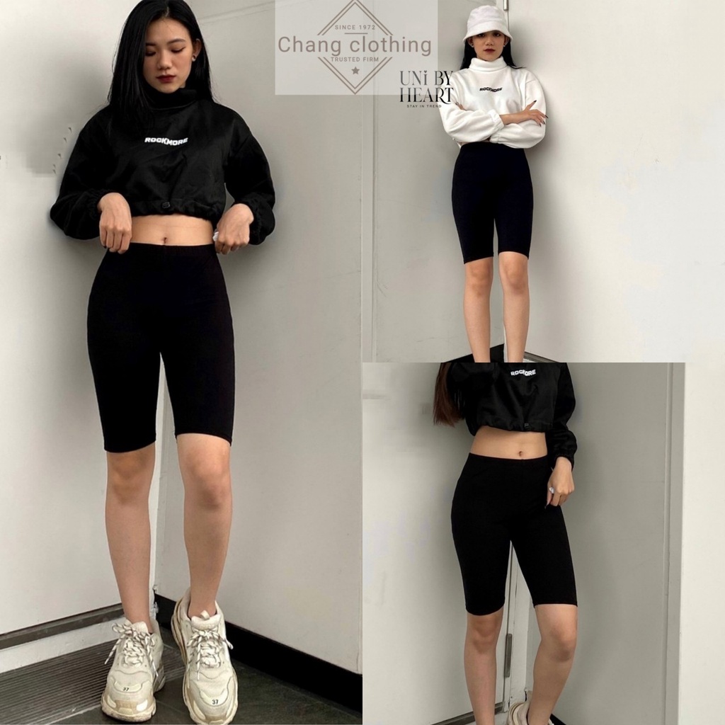 Quần legging đùi lửng ngố nữ mặc nhà vải thun đen co dãn ôm bó thể thao Quần short cộc nữ ngắn trên gối mặc tập gym yoga