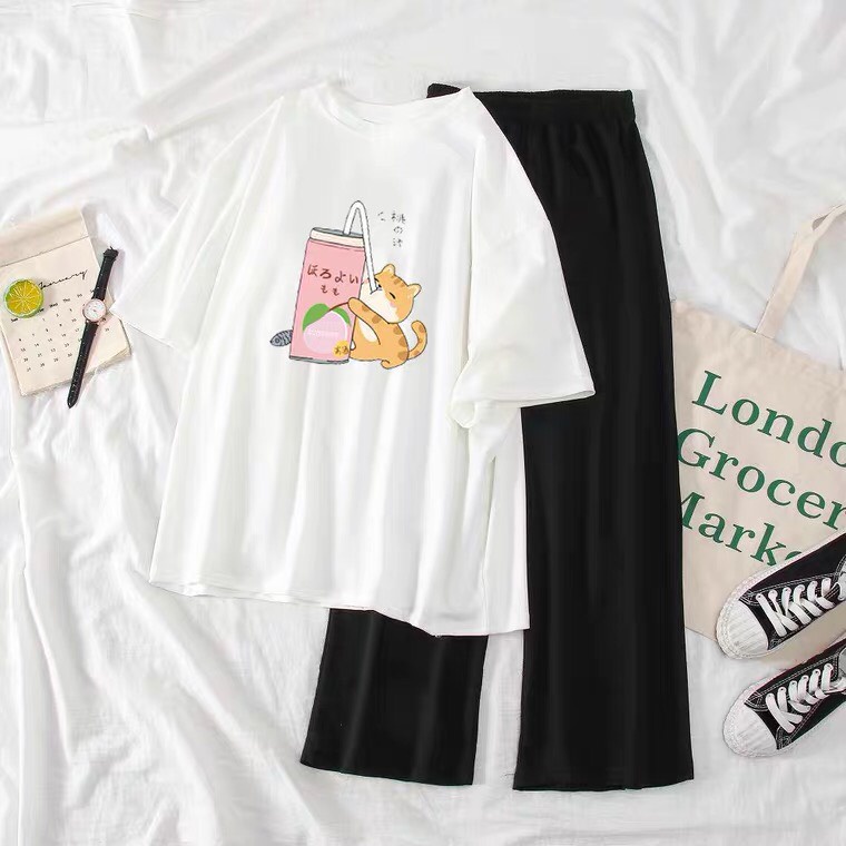 Sét Áo Gấu đội mũ + quần suông, Áo thun from rộng, Chất đẹp không xù, Sét bộ mặc ở nhà - MODY