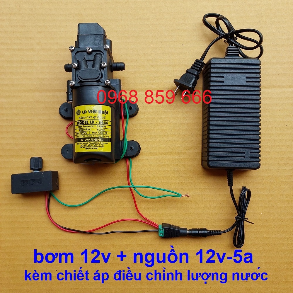 Máy Bơm Nước Mini 12V Tăng Áp Phun Sương, Rửa Xe, Hút Nước Bể Cá (bơm 12v+nguồn 12v-5a + chiết áp)