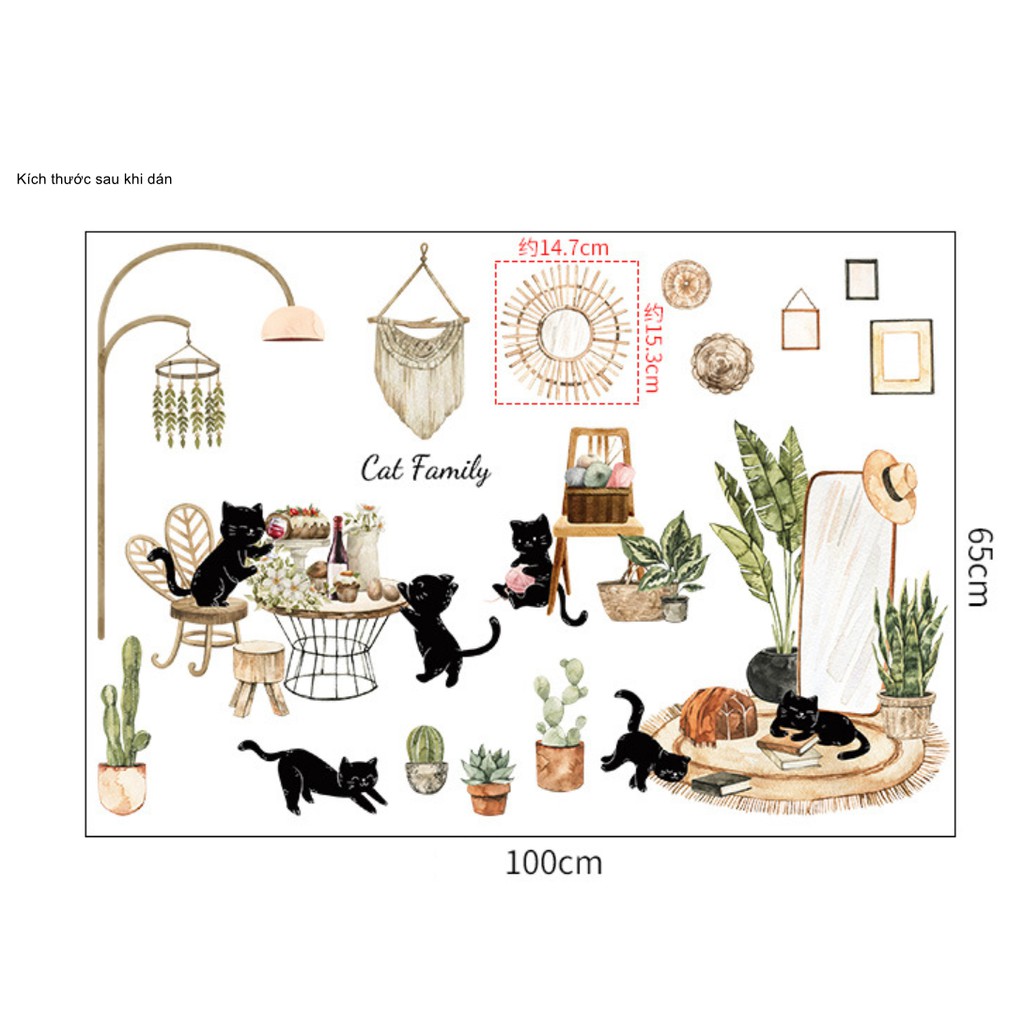 Decal dán tường Mèo đen đáng yêu chữ tiếng anh