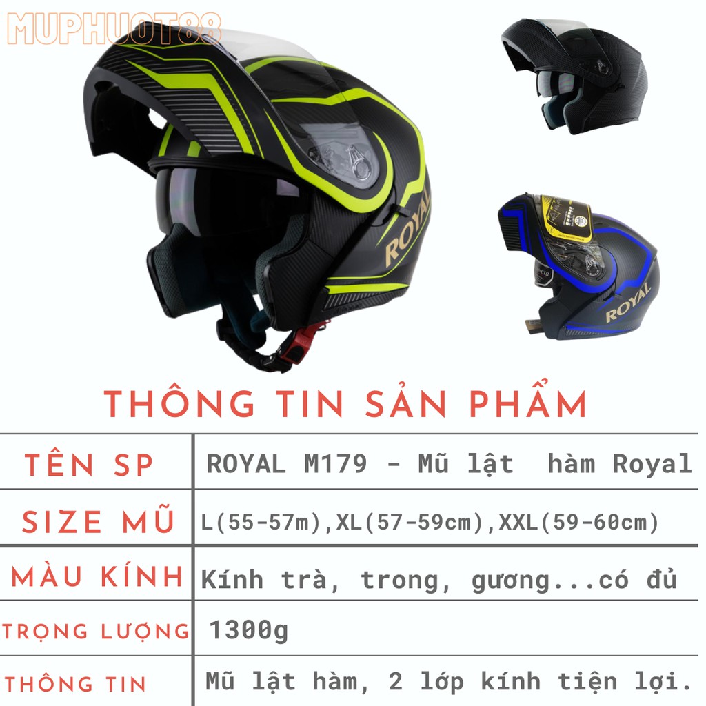 Mũ bảo hiểm Royal M179 - Đen xanh chuối - Mũ bảo hiểm lật hàm 2 kính chính hãng