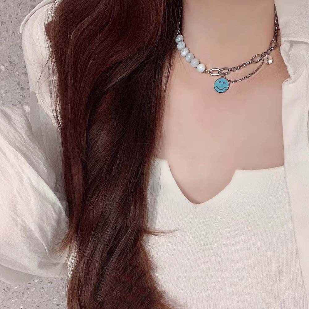 Vòng cổ choker mặt tròn hình mặt cười màu xanh dương phong cách Hàn Quốc thanh lịch cho nữ