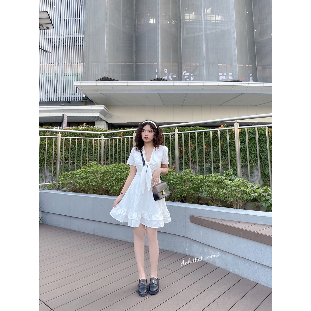 Đầm trắng tầng dáng xoẻ, váy thắt nơ bánh bèo tiểu thư emmei - v109 | BigBuy360 - bigbuy360.vn