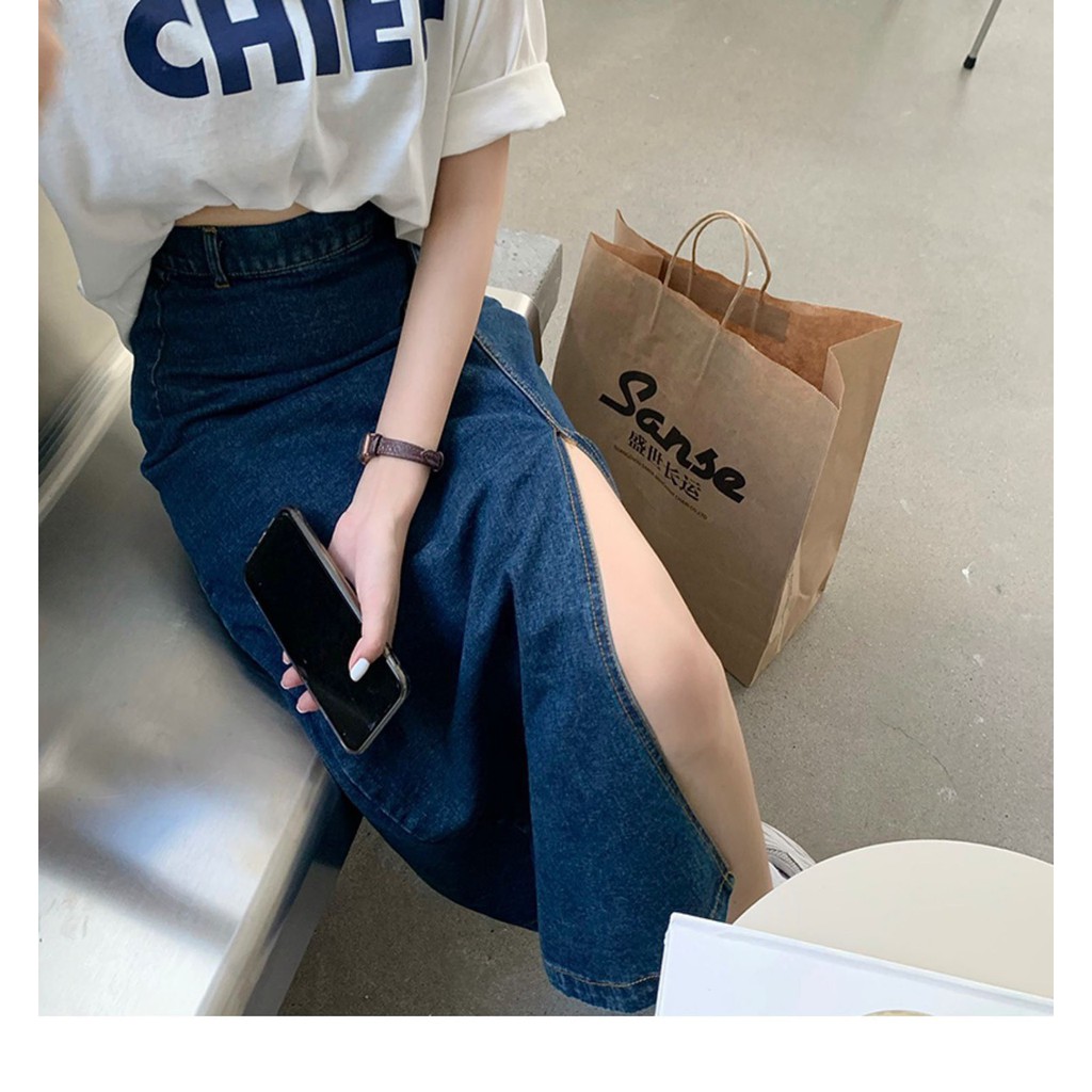 SET ÁO PHÔNG MIX CHÂN VÁY JEANS. SET CHÂN VÁY JEAN XẺ TÀ DÁNG DÀI KÈM ÁO THUN NỮ