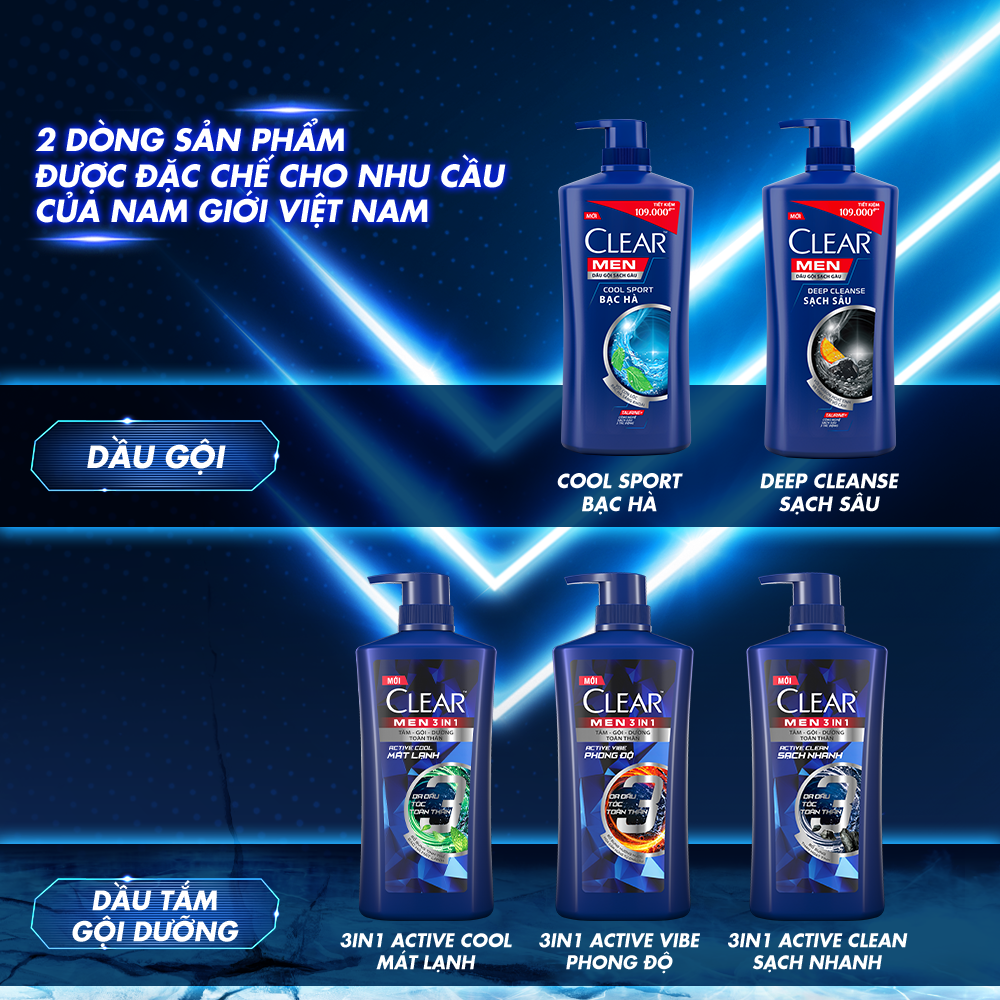 Dầu Gội Đầu cho nam Clear Men đánh bay gàu, ngứa và vi khuẩn mát lạnh cực đỉnh suốt ngày dài 900g