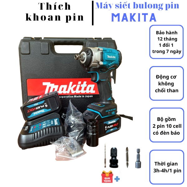Máy siết bulong pin MAKITA không chổi than, máy bắn vít tháo mở ốc, bảo hành 12 tháng- Hàng loại 1 bản new 2022