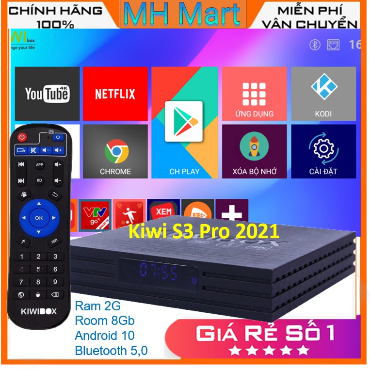 Kiwibox S3pro mới , kiwi s3 pro 2021 Ram 2G, Rom 8G, Wifi 2BT, Android 10, Bluetooth 5.0 - truyền hình miễn phí