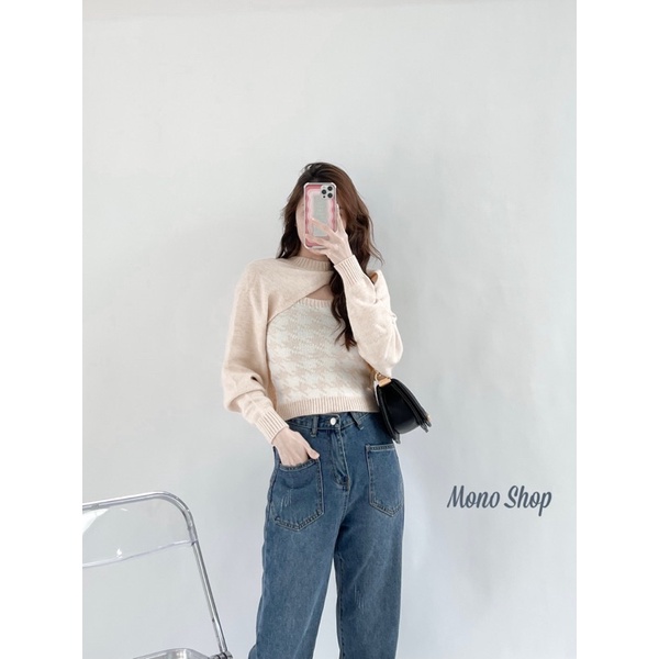 set áo len cutout kèm áo 2 dây ôm hoạt tiết ziczac bốn màu ( Ảnh thật/ sẵn) | BigBuy360 - bigbuy360.vn