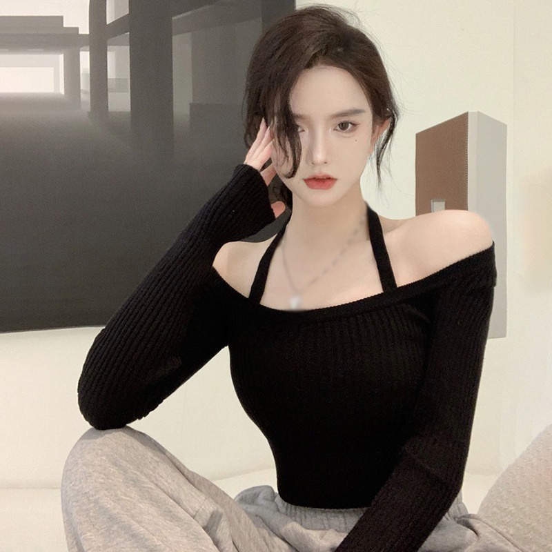 Áo Thun Dệt Kim Tay Dài Cổ Yếm Màu Sắc Trơn Phong Cách Hàn Quốc Thời Trang Cho Nữ