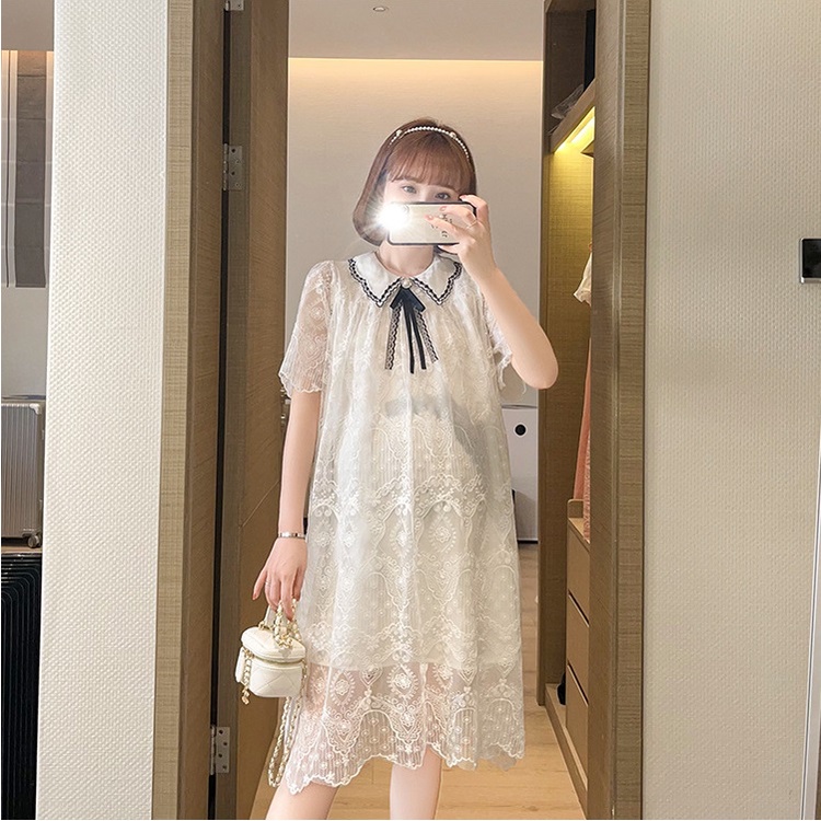 Váy đầm bầu cổ sơ mi ren thiết kế công sở, dự tiệc cho mẹ bầu phong cách hàn quốc sang trọng lịch sự mới mùa hè