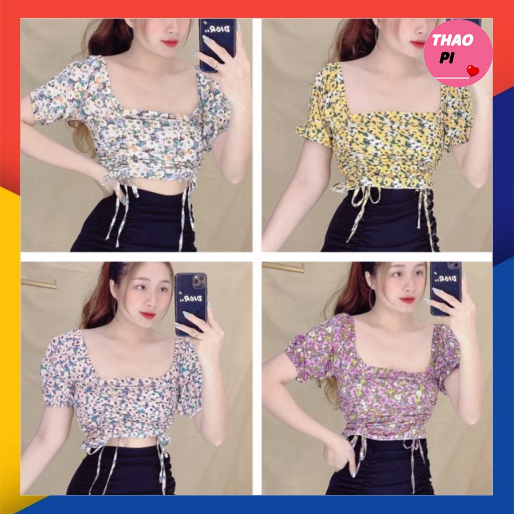 Áo croptop hoa nhí tay ngắn rút hai bên dễ thương - hình thật