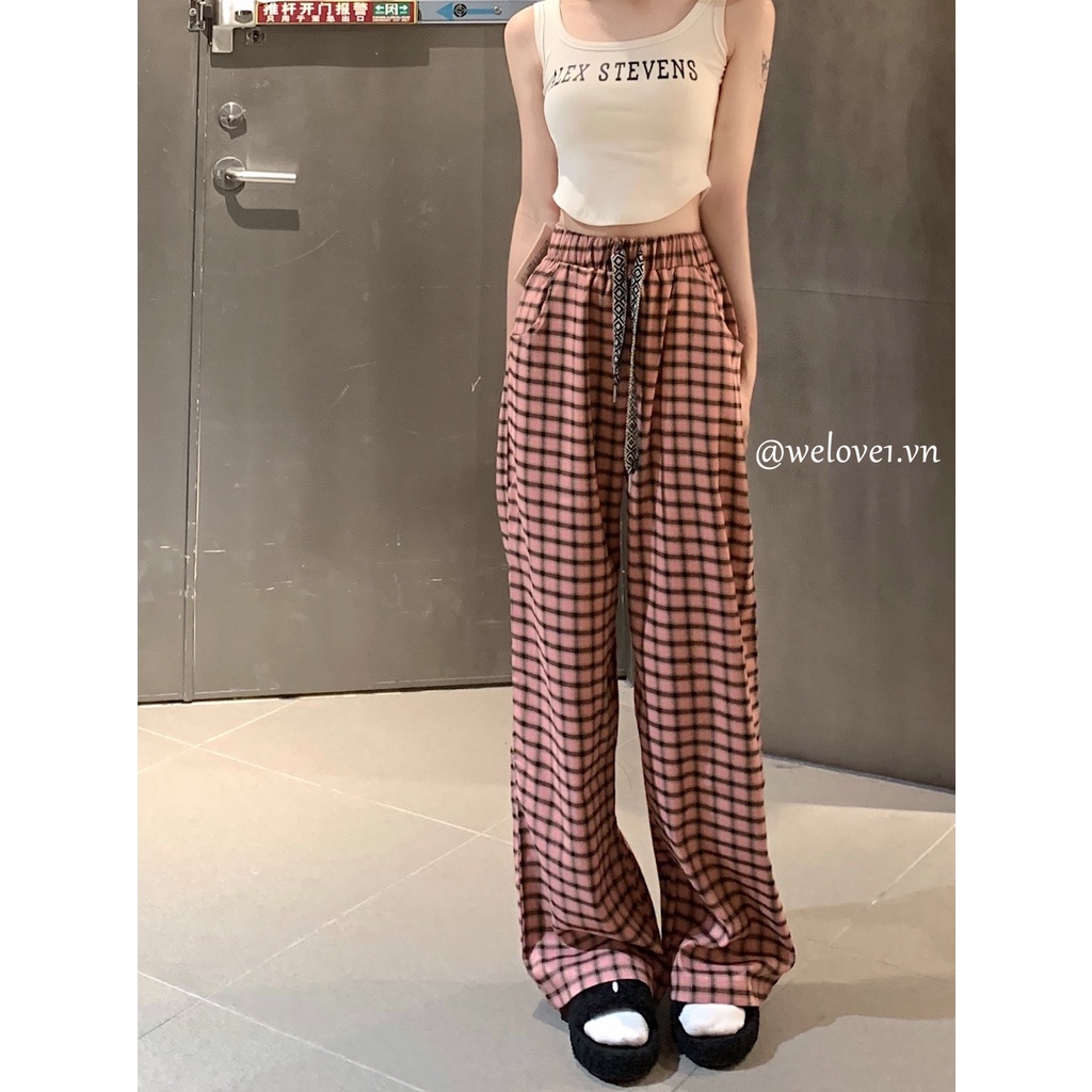 「 WELOVE1 」Quần ống rộng Họa Tiết Caro Phong Cách Hàn Quốc Thời Trang Cho Nữ