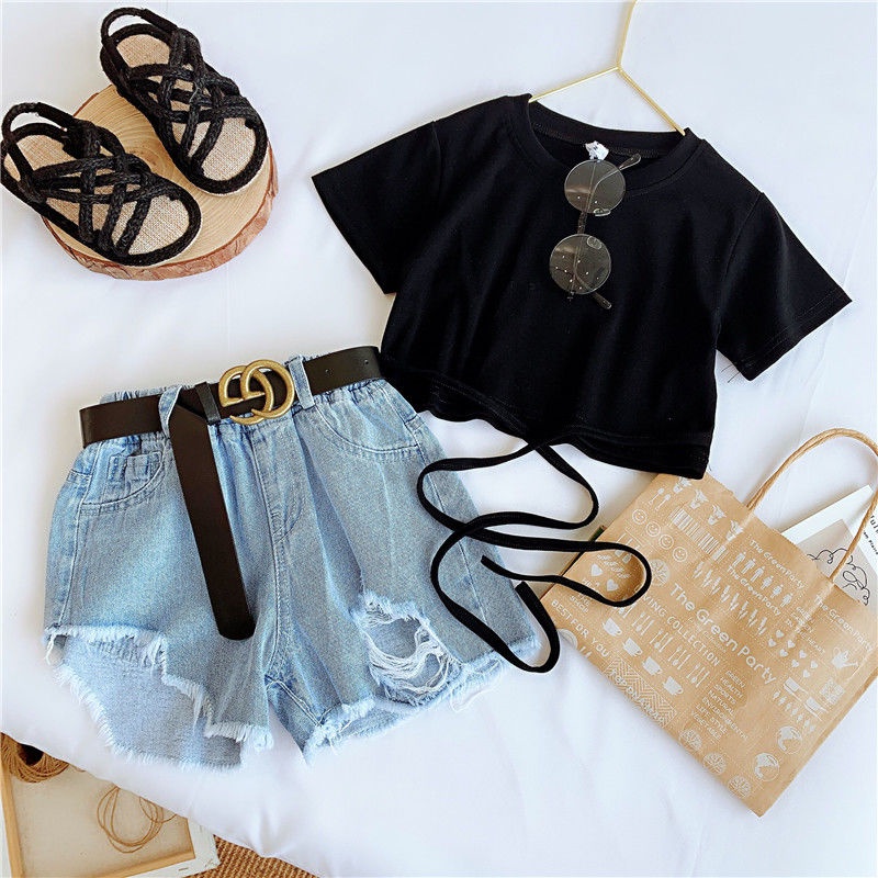 Set Áo Thun Ngắn Tay + Quần Short Jeans 48H Thời Trang Mùa Hè Cho Bé Gái