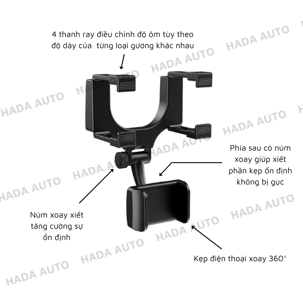 Giá đỡ điện thoại kẹp gương chiếu hậu ô tô, gắn cam hành trình xoay 360 độ