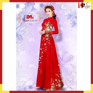 Áo dài 3D kèm quần in hoa màu hồng hàng đẹp