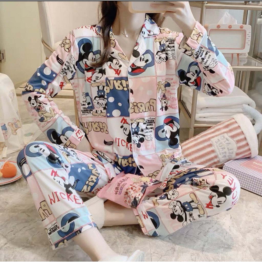 Pijama nữ hoạt tiết vintage phong cách ulzzang dài tay cao cấp - Đồ mặc nhà nữ