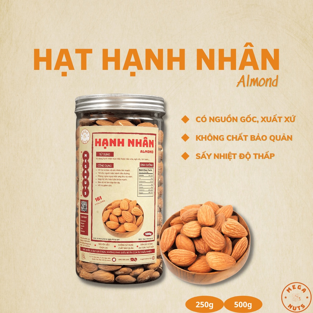 Hạt Hạnh Nhân Sấy Chín Nguyên Vị Meganuts 500gr thơm ngon, hỗ trợ giảm cân, ăn kiêng hàng Nhập Khẩu
