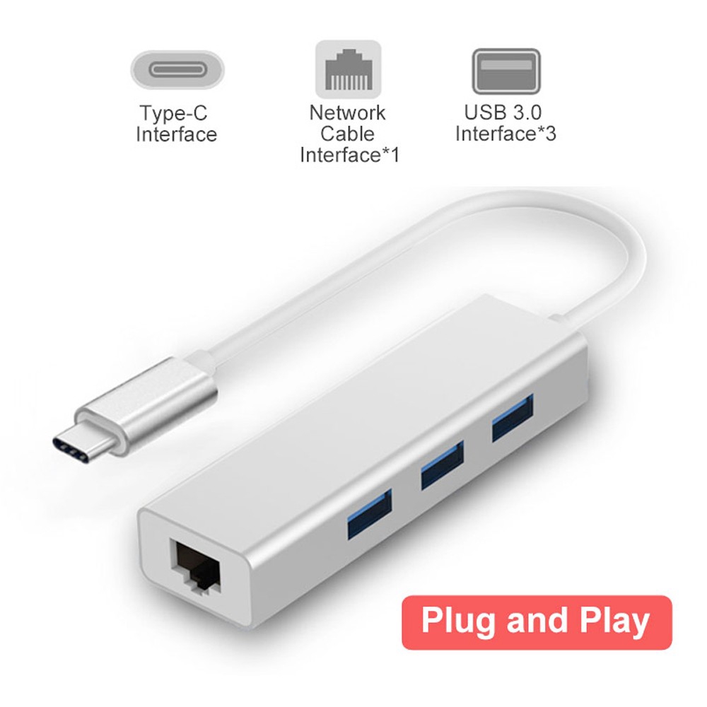 USB-C Ethernet Rj45 Lan Adapter 3 Port USB Type C Hub, 10/100/1000Mbps Gigabit Ethernet USB 3.0 Network Card for MacBook