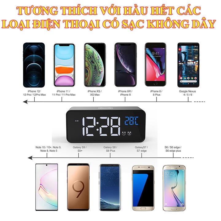 Đồng Hồ Báo Thức Điện Tử LED Kiêm Sạc Điện Thoại Không Dây Cao Cấp
