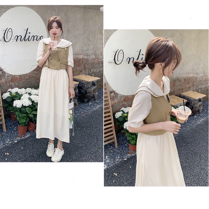 Set váy midi dáng dài phối gile cài cúc sườn đầm style Hàn Quốc chuzme