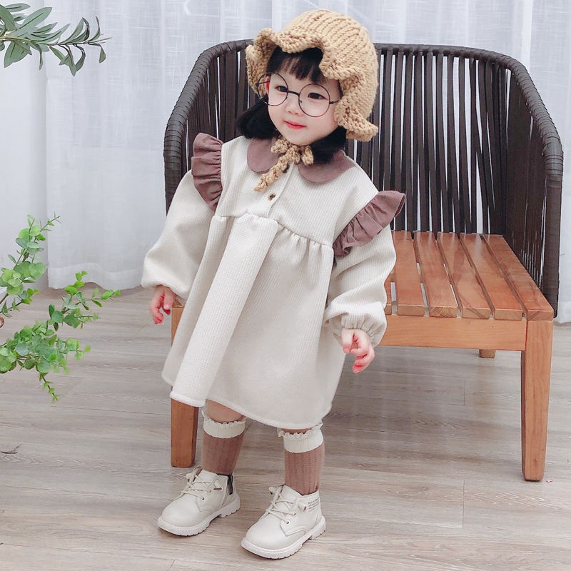 Đầm Tay Dài Cổ Búp Bê Phong Cách Hàn Quốc Thời Trang Xuân Thu 2022 Cho Bé Gái 0-4 Tuổi