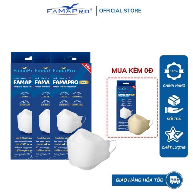 Khẩu trang y tế cao cấp kháng khuẩn 3 lớp Famapro 4D
