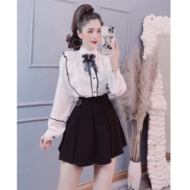 Áo sơ mi tiểu thư chất thô mịn mát- Áo dài tay cổ cách điệu viền đen siêu xinh