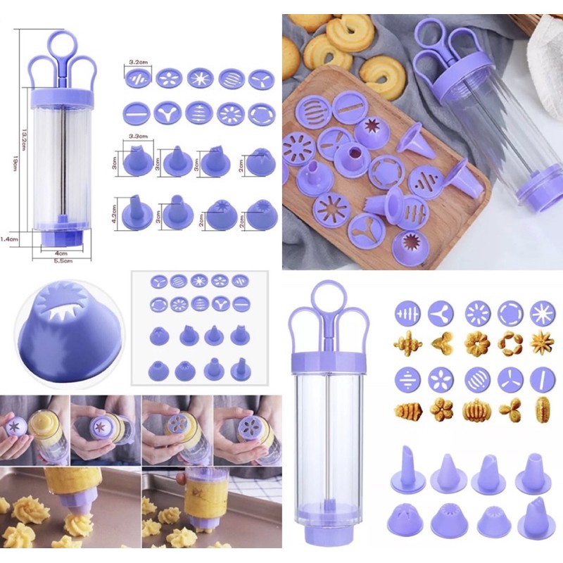 Bộ nhấn bánh quy Cookies Press nhựa tím (10 mặt nhấn + 8 đui bắt kem)