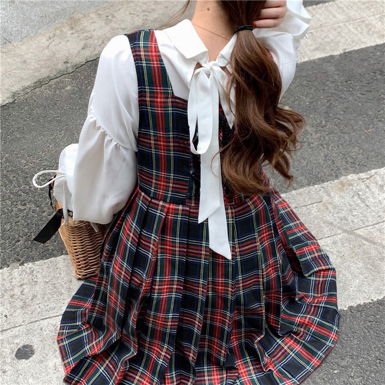 Váy yếm kẻ caro style Hàn Quốc / Váy babydoll kẻ caro bánh bèo Hàn Quốc