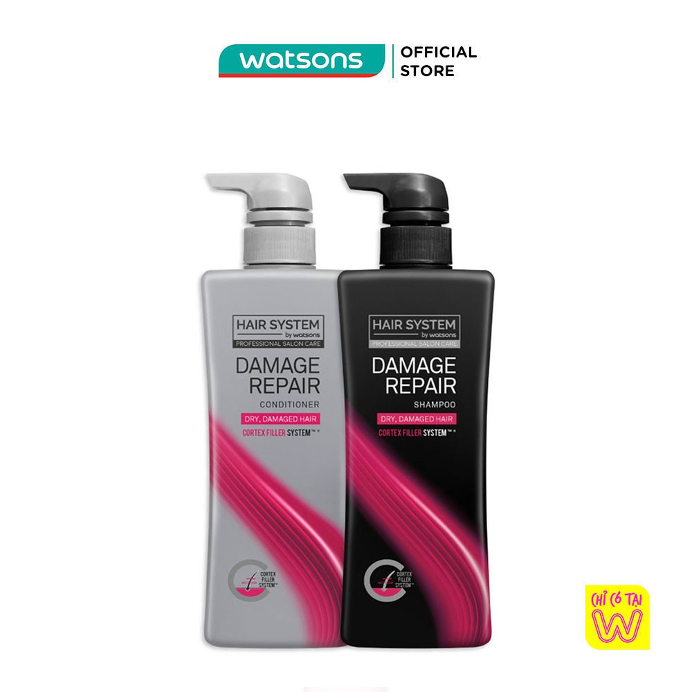 Combo Hair System By Watsons Damage Repair Phục Hồi Hư Tổn (Dầu Gội 500ml Tặng Dầu Xả 500ml)