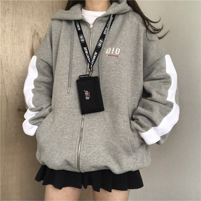 Áo Khoác Hoodie Có Khóa Kéo Thêu Chữ Phong Cách Retro Hàn Quốc Với 4 Màu Tùy Chọn