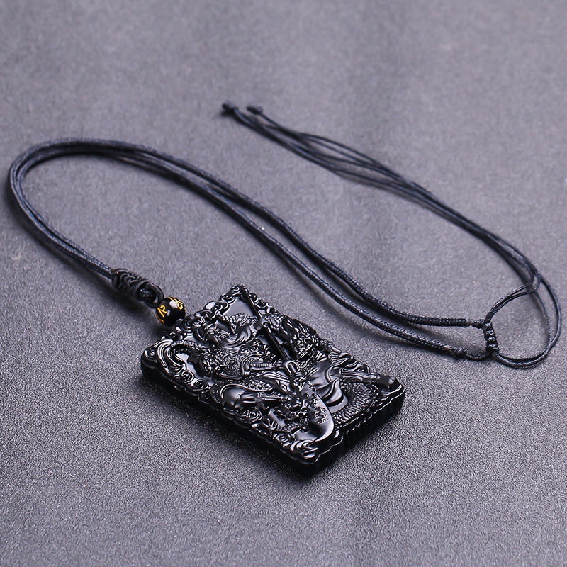 Mặt Dây Chuyền Bằng Đá Obsidian Tự Nhiên Khắc Hình Quan Công Hai Mặt