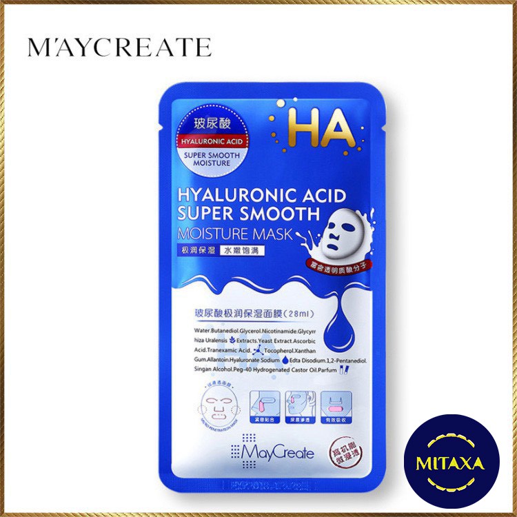 Mặt nạ HA Xanh Tím Maycreate , HA Mask (Miếng) Hyaluronic Acid Super Smooth cấp nước, cấp ẩm và dưỡng trắng PL4-ML01