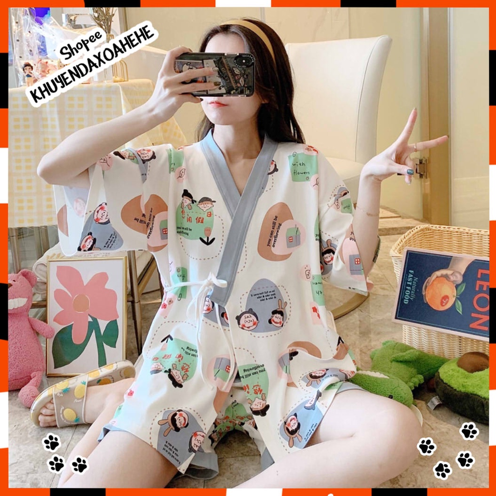 SUSQ2 Bộ Pijama kiểu Nhật yukata lụa cộc tay buộc dây  Đồ Ngủ Kimono nữ đẹp mặc nhà phi bóng thắt eo quần lửng ngắn cute | BigBuy360 - bigbuy360.vn