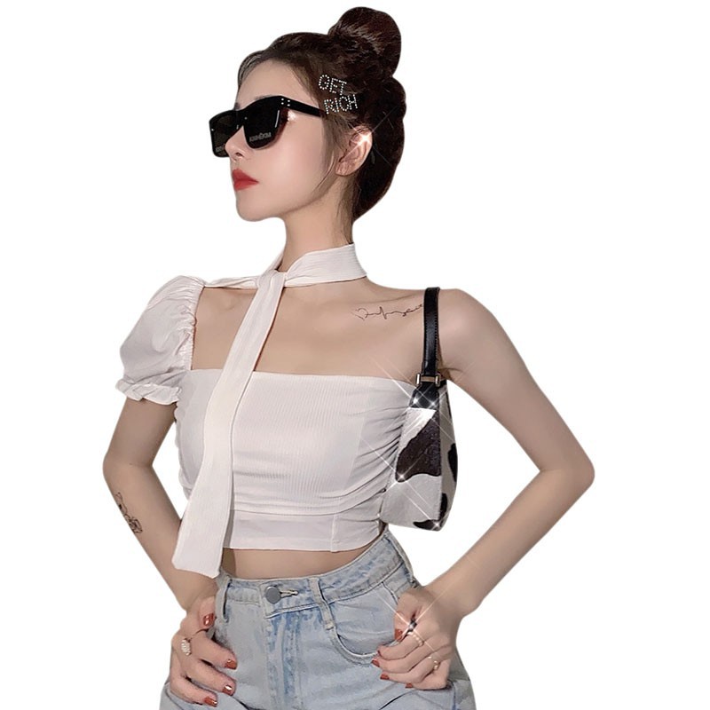  Women's Summer One-Shoulder Puff Sleeve Halter Sexy Slim T-shirt