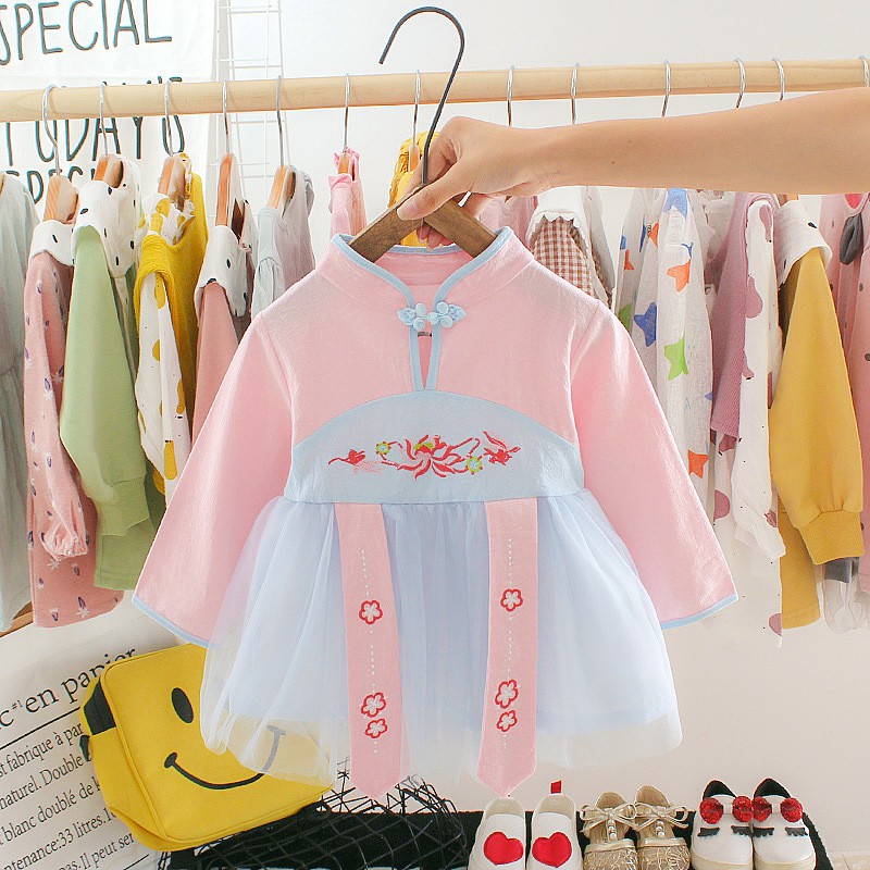 Váy thu đông cổ tàu thêu hoa sen bé gái size 7-15kg VT16