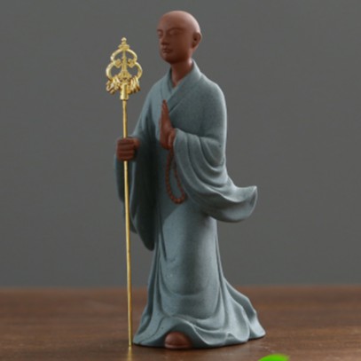 Tượng Mục Kiền Liên- Tượng gốm tăng nhân cầm trượng vàng- Tượng  gốm tu sĩ tăng nhân gốm tử sa