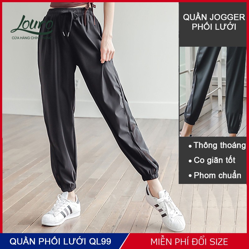 Quần Jogger tập gym, yoga nữ Louro QL99, kiểu quần joker trẻ trung phối lưới siêu thoáng, chất liệu co giãn 4 chiều