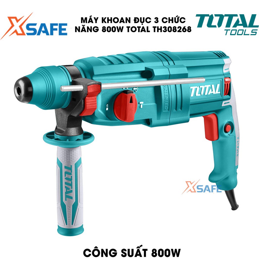 Máy khoan búa cầm tay 3 chức năng 800w TOTAL TH308268 tốc độ 1100rpm, tốc độ búa 4000bpm lực đập 2.5j, kèm mũi khoan,đục