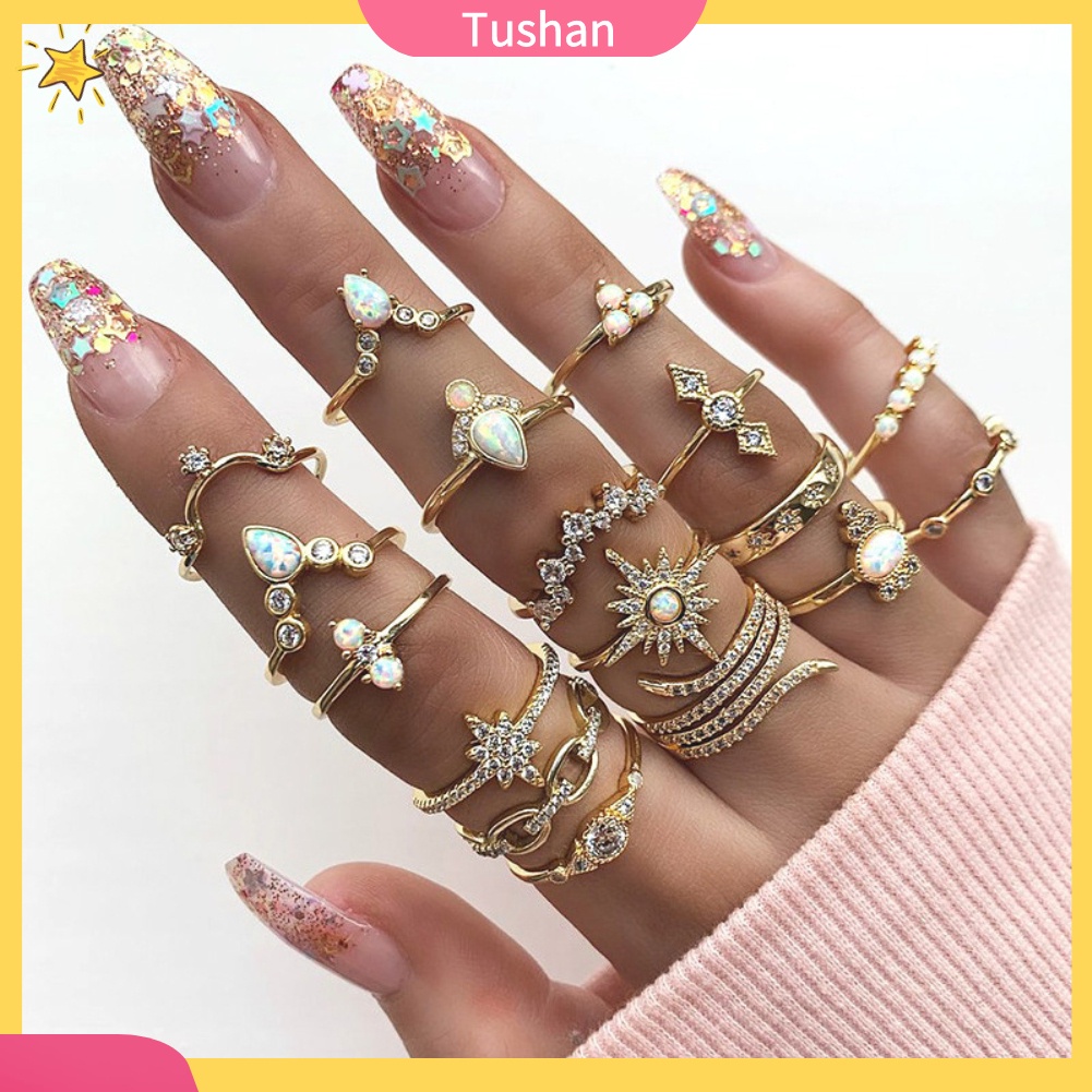 Set 17 Nhẫn Đeo Tay Đính Đá Phong Cách Bohemian Thời Trang Cho Nữ