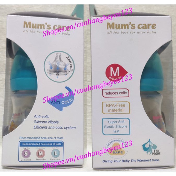 Bình sữa PP cổ rộng cao cấp Mum's Care 150ml / 270ml cho bé - thiết kế 3 van chống đầy hơi - Thái Lan Mum 's Care