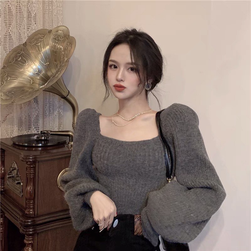 ▫Áo len nữ tay bồng thời trang dáng croptop cổ vuông style Hàn Quốc