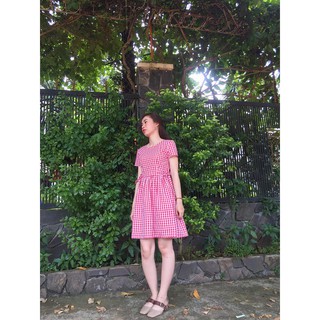 Váy Babydoll đỏ trắng caro họa tiết khăn trải bàn - Hàng thiết kế